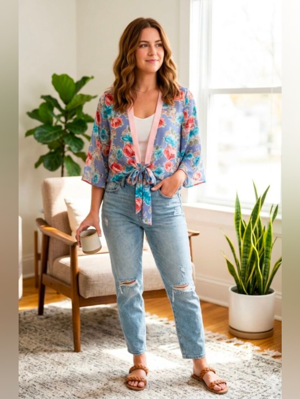 The Outfit Floral Tie-Front Chiffon Kimono Cardigan Periwinkle Blue and Pink NWT